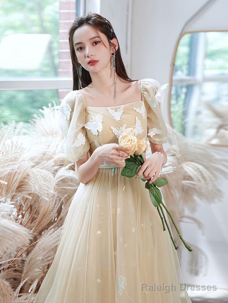 Champagne A-Line Tulle Lace Long Prom Dresses Champagne Prom Dresses