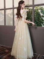 Champagne A-Line Tulle Lace Long Prom Dresses Champagne Prom Dresses