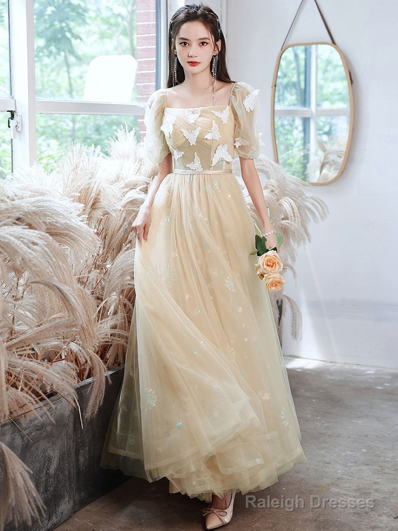 Champagne A-Line Tulle Lace Long Prom Dress, Champagne Evening Dress