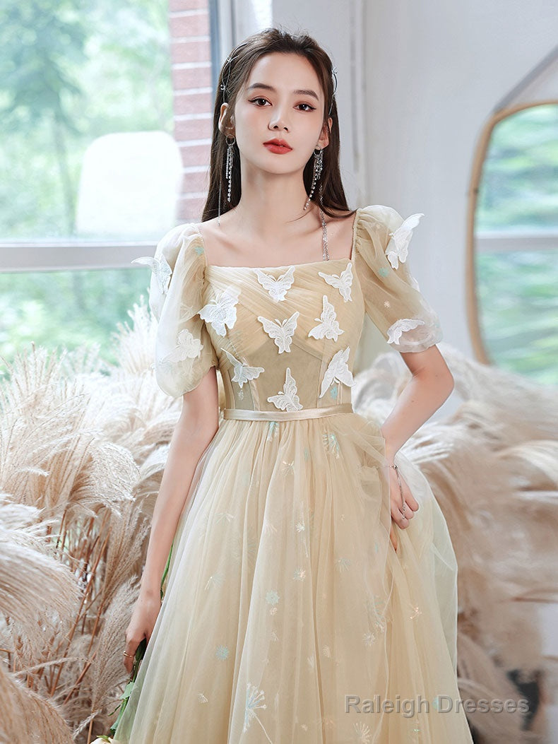 Champagne A-Line Tulle Lace Long Prom Dress, Champagne Evening Dress