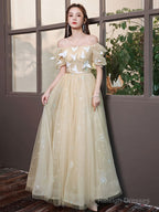 Champagne A-Line Tulle Lace Long Prom Dress, Champagne Evening Dress