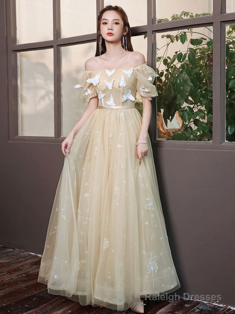 Champagne A-Line Tulle Lace Long Prom Dress, Champagne Evening Dress