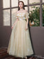 Champagne A-Line Tulle Lace Long Prom Dresses Champagne Prom Dresses