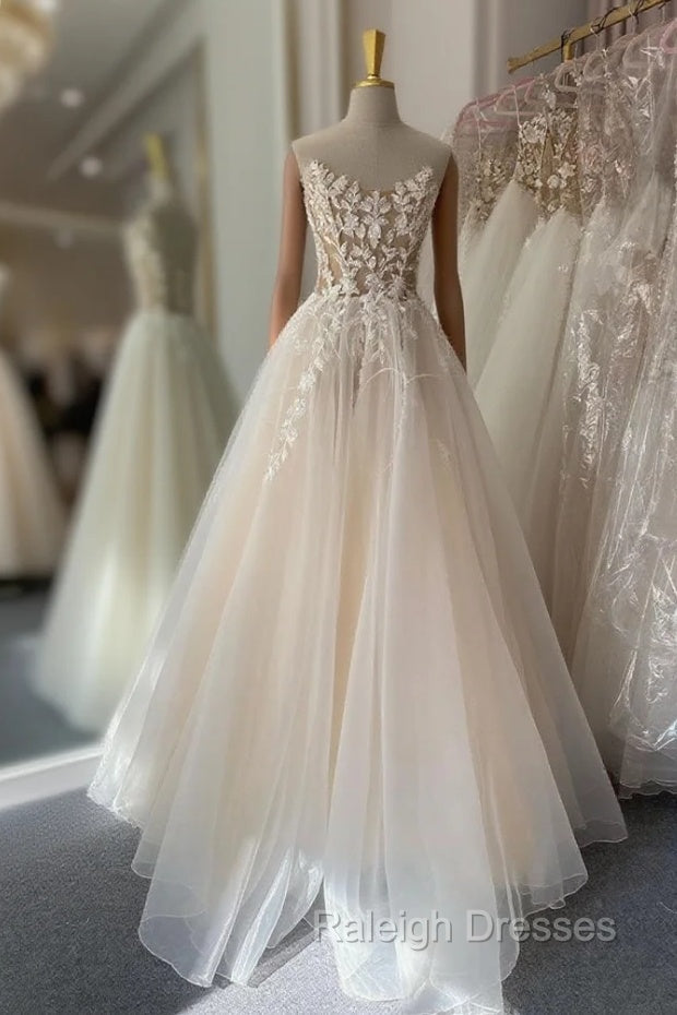 Champagne A -line Tulle Lace Long Prom Dress, Lace Formal Prom Dress Main image
