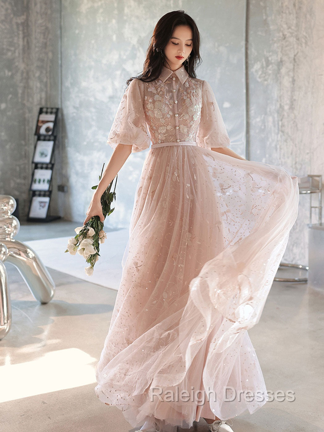 Champagne A-Line Tulle Lace Long Prom Dresses, Champagne Formal Dress Secondary image