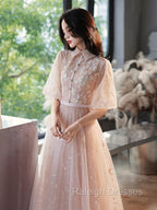 Champagne A-Line Tulle Lace Long Prom Dresses, Champagne Formal Dress