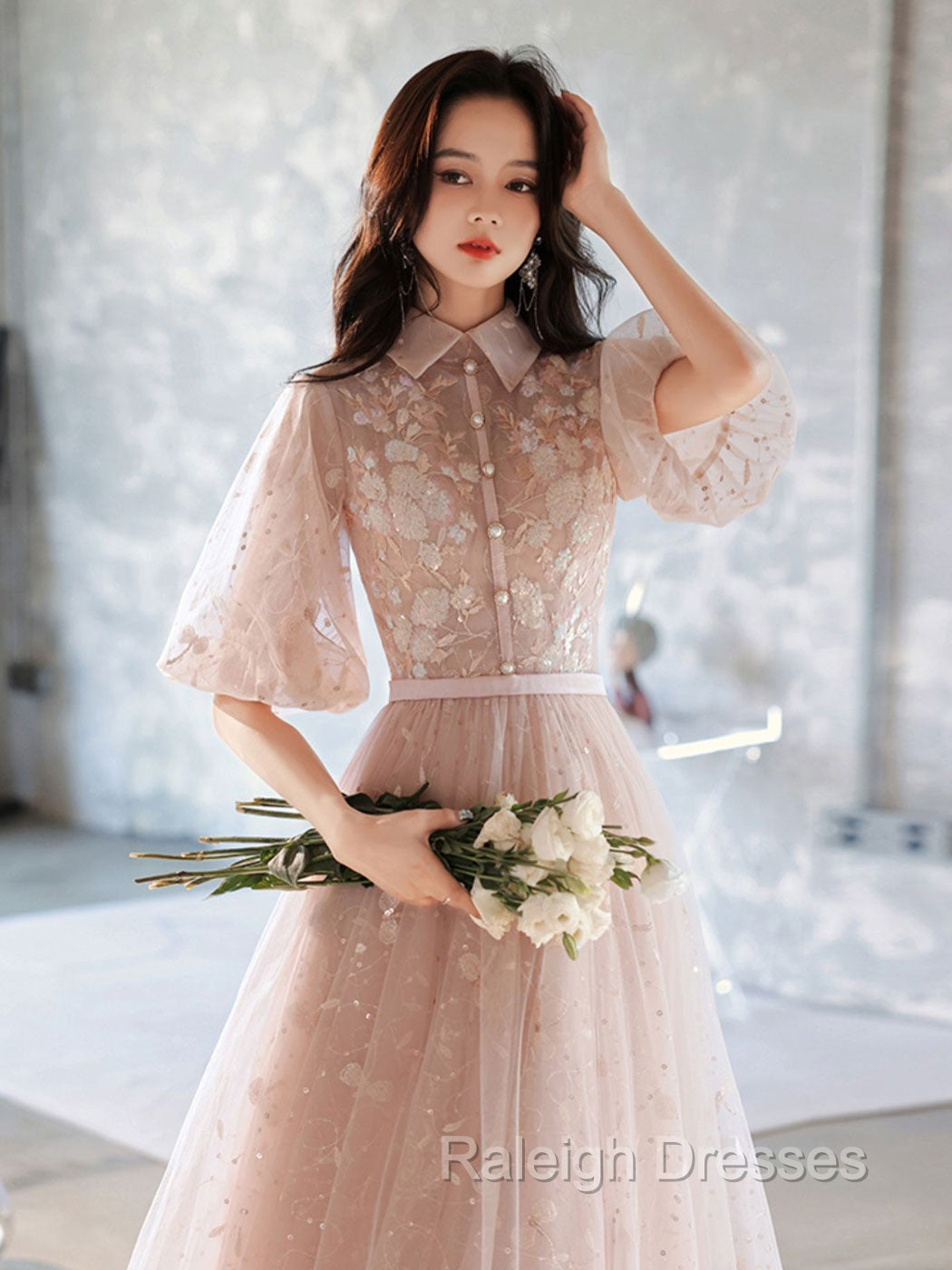 Champagne A-Line Tulle Lace Long Prom Dresses, Champagne Formal Dress