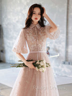 Champagne A-Line Tulle Lace Long Prom Dresses, Champagne Formal Dress