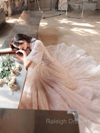 Champagne A-Line Tulle Lace Long Prom Dresses, Champagne Formal Dress