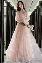 Champagne A-Line Tulle Lace Long Prom Dresses, Champagne Formal Dress