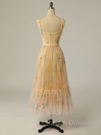 Champagne A Line Tulle Lace Tea Length Prom Dress, Champagne Evening Dress