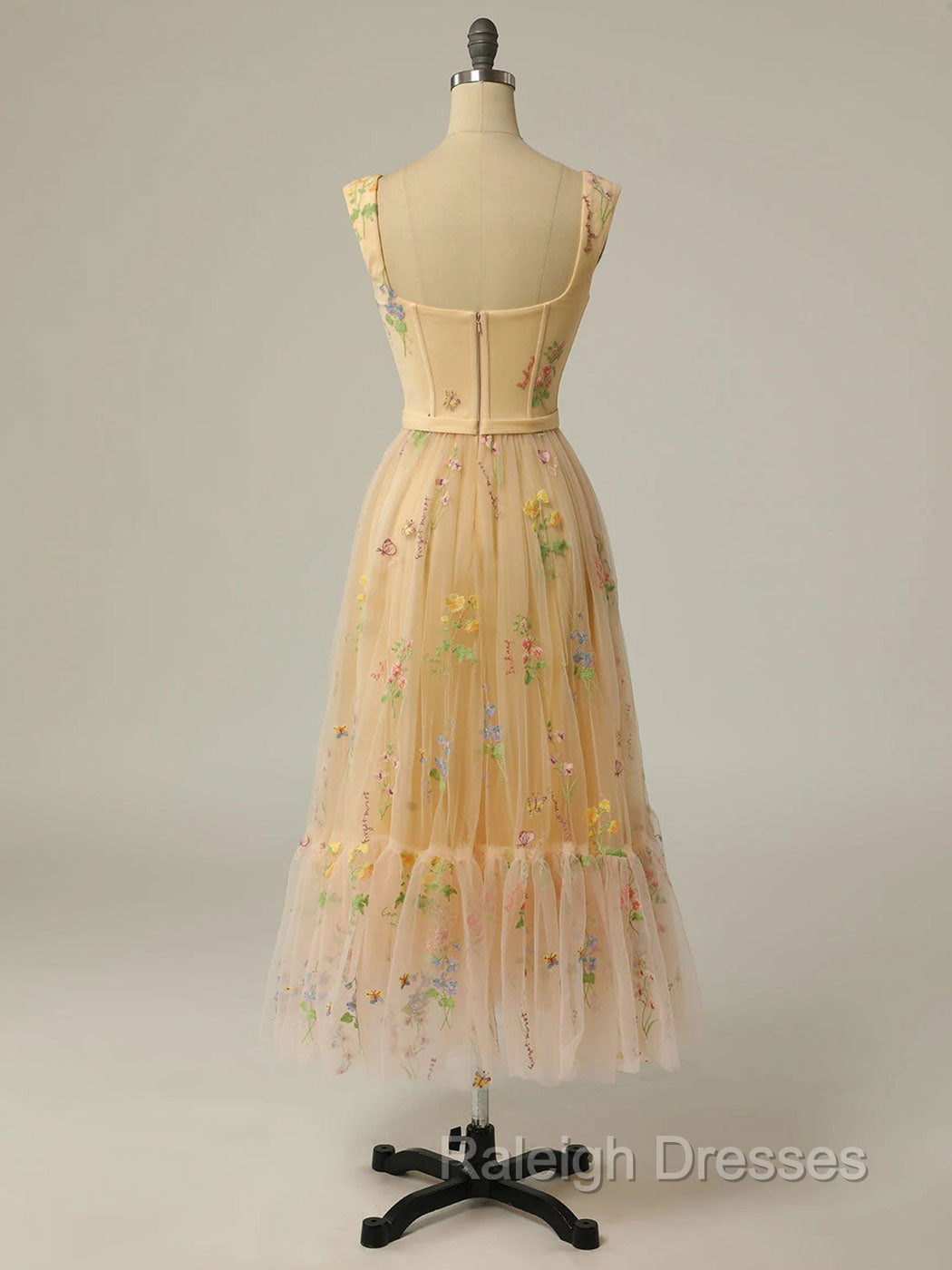 Champagne A Line Tulle Lace Tea Length Prom Dress, Champagne Evening Dress