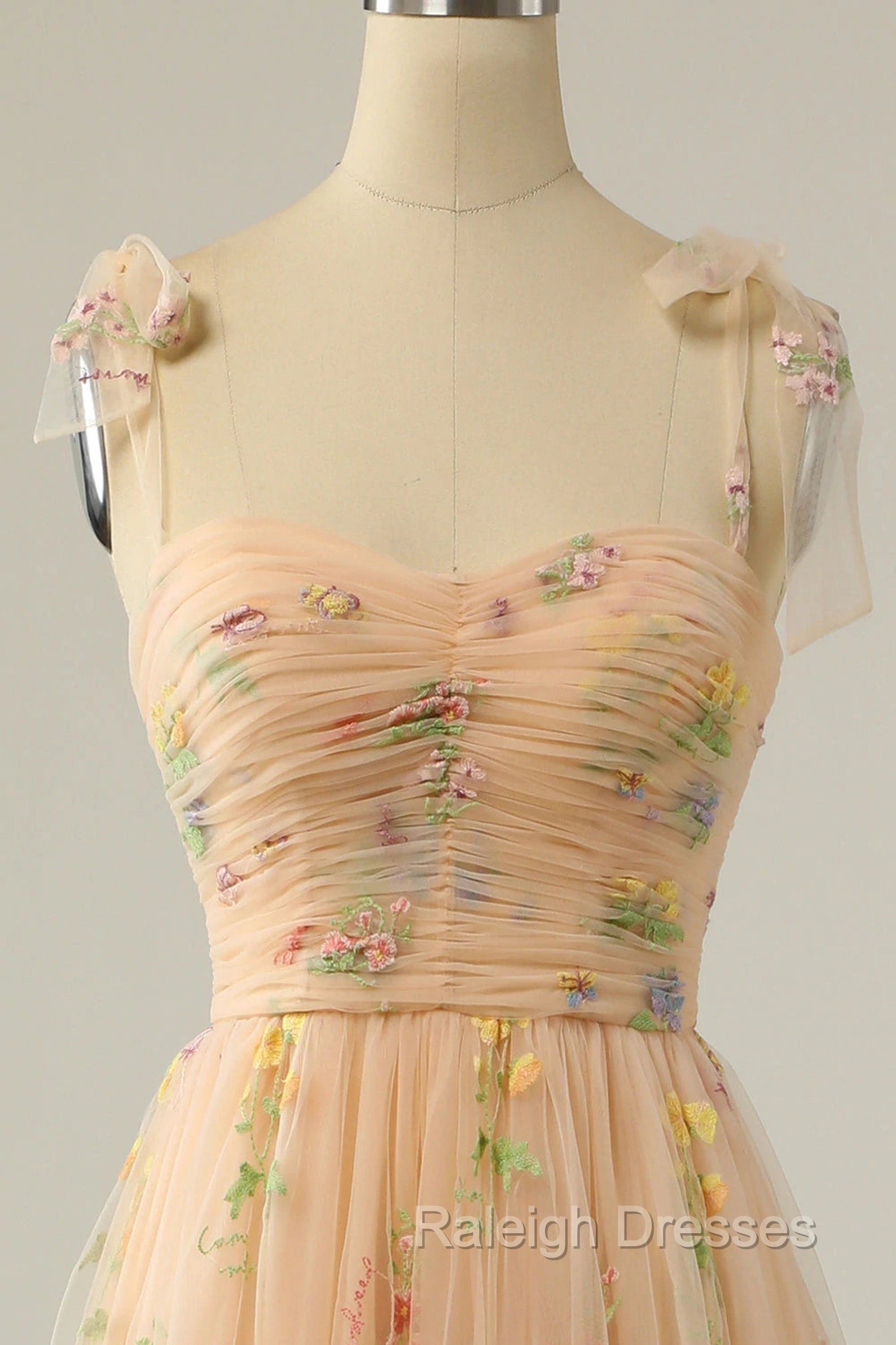 Champagne A Line Tulle Lace Tea Length Prom Dress, Champagne Prom Dress