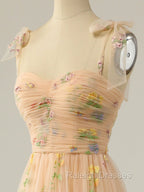 Champagne A Line Tulle Lace Tea Length Prom Dress, Champagne Evening Dress