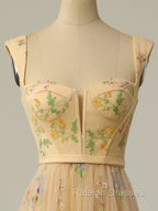 Champagne A Line Tulle Lace Tea Length Prom Dress, Champagne Evening Dress