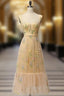 Champagne A Line Tulle Lace Tea Length Prom Dress, Champagne Evening Dress