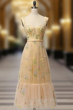 Champagne A Line Tulle Lace Tea Length Prom Dress, Champagne Prom Dress
