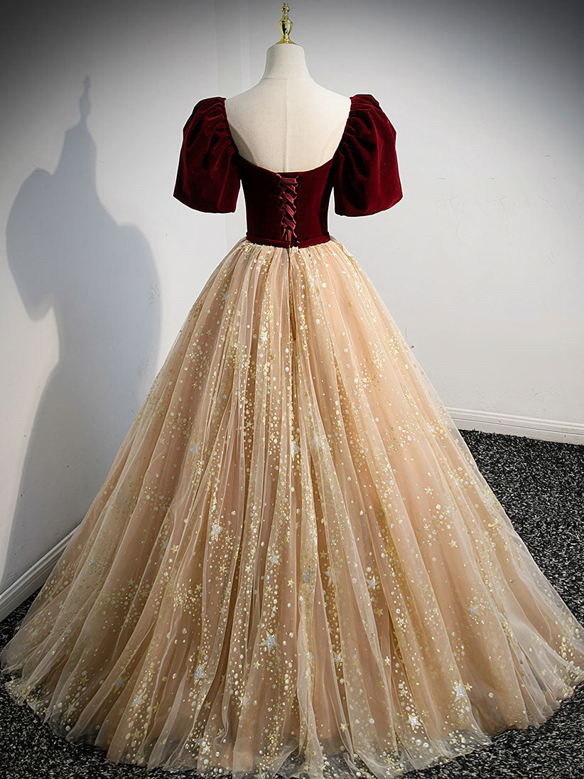 Champagne A Line Tulle Long Formal Prom Dress, Champagne Prom Dress