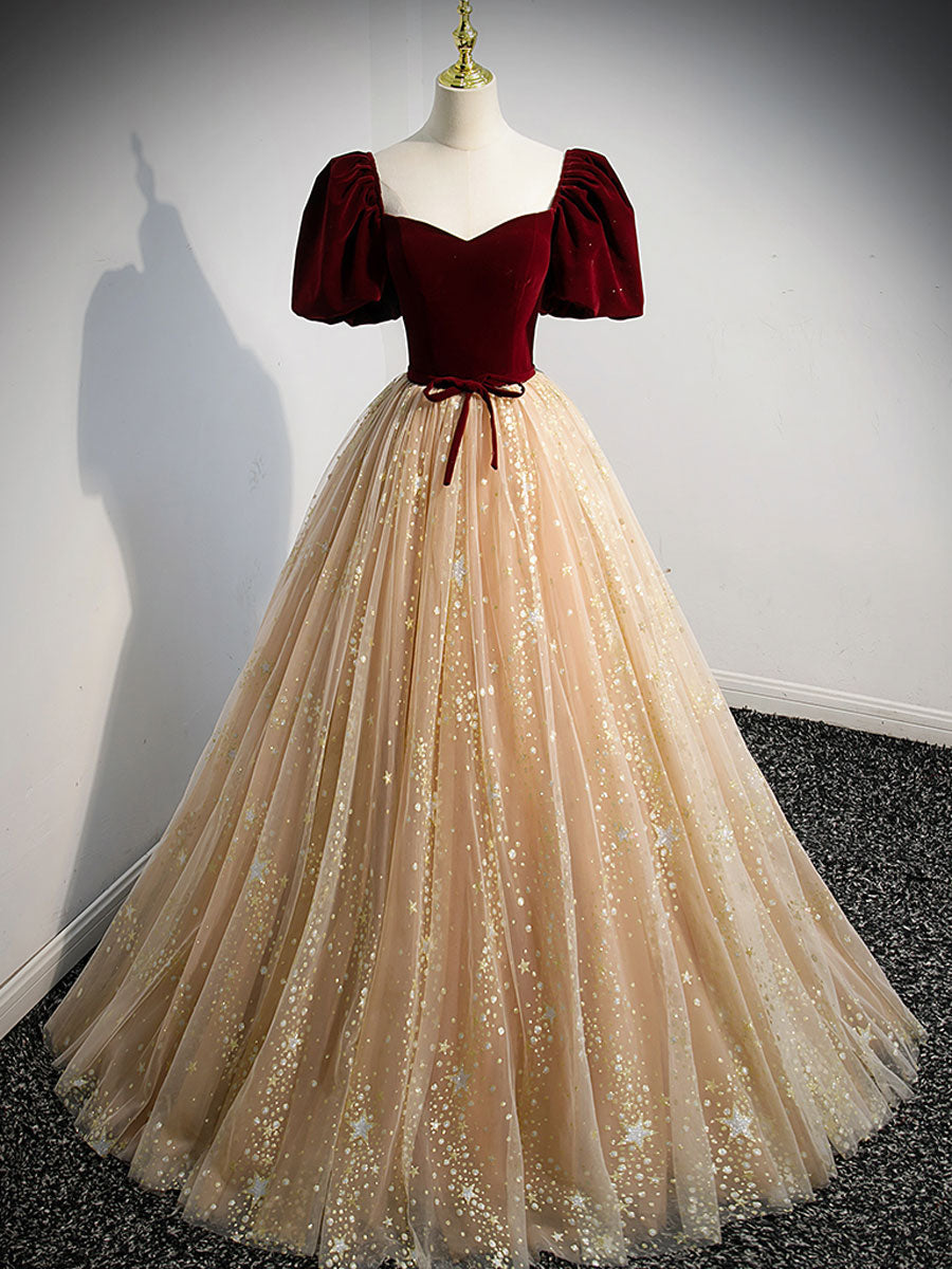 Champagne A Line Tulle Long Formal Prom Dress, Champagne Prom Dress Main image