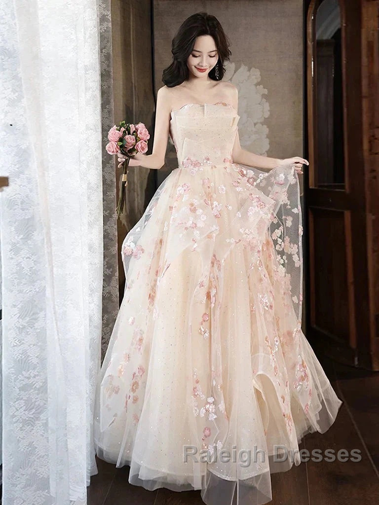 Champagne A-Line Tulle Sequins Long Prom Dress Embroidery Applique Formal Evening Dress Secondary image