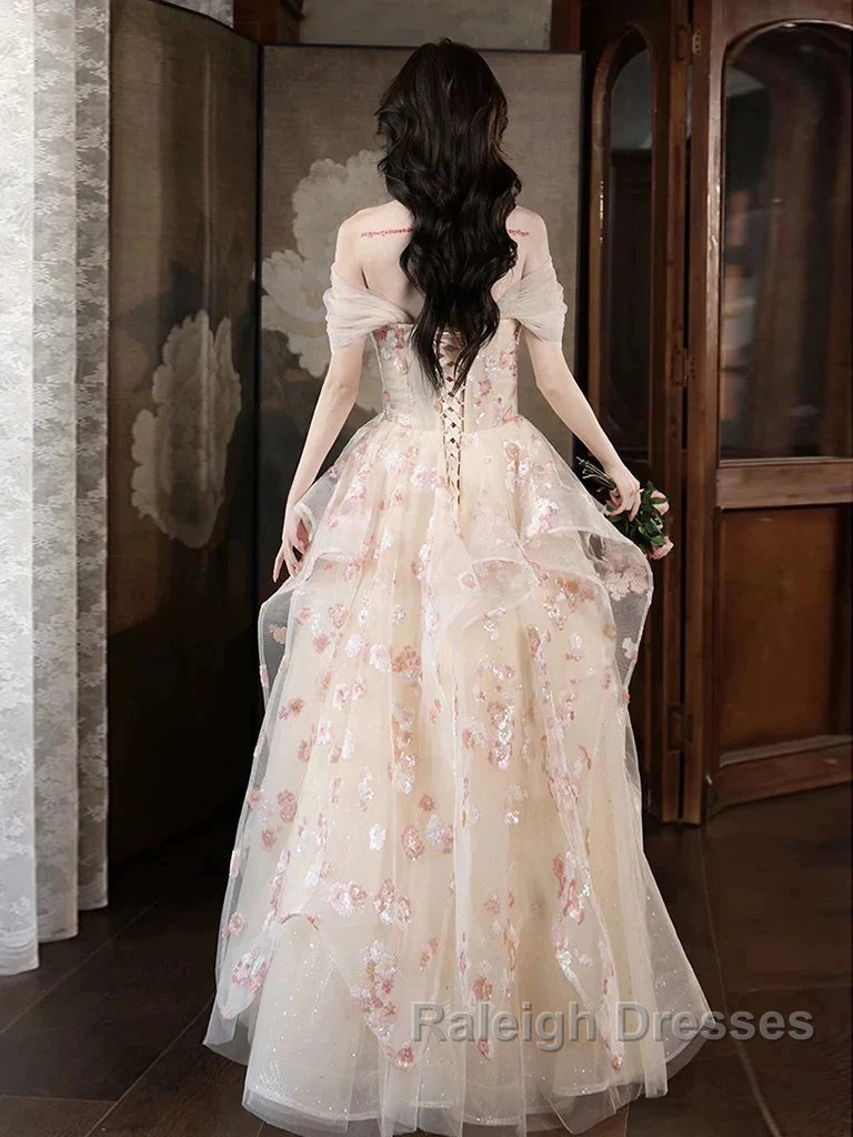 Champagne A-Line Tulle Sequins Long Prom Dress Embroidery Applique Formal Evening Dress