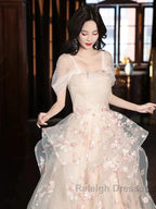 Champagne A-Line Tulle Sequins Long Prom Dress Embroidery Applique Formal Evening Dress