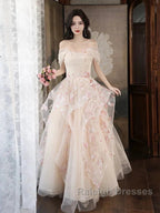 Champagne A-Line Tulle Sequins Long Prom Dress Embroidery Applique Formal Evening Dress