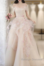 Champagne A-Line Tulle Sequins Long Prom Dress Embroidery Applique Formal Evening Dress