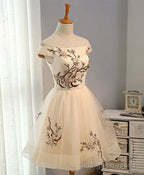 Champagne A Line Tulle Short Prom Dress, Homecoming Dress