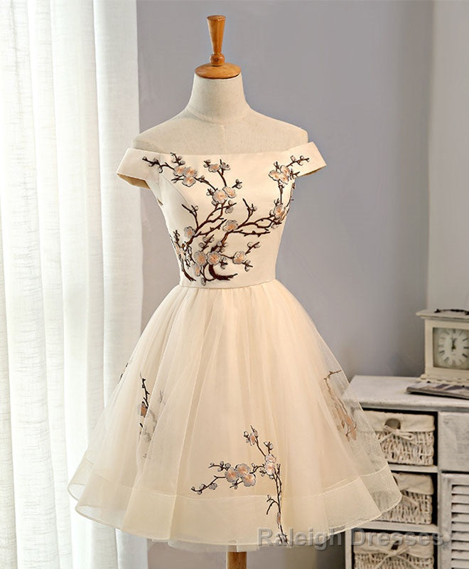 Champagne A Line Tulle Short Prom Dress, Homecoming Dress