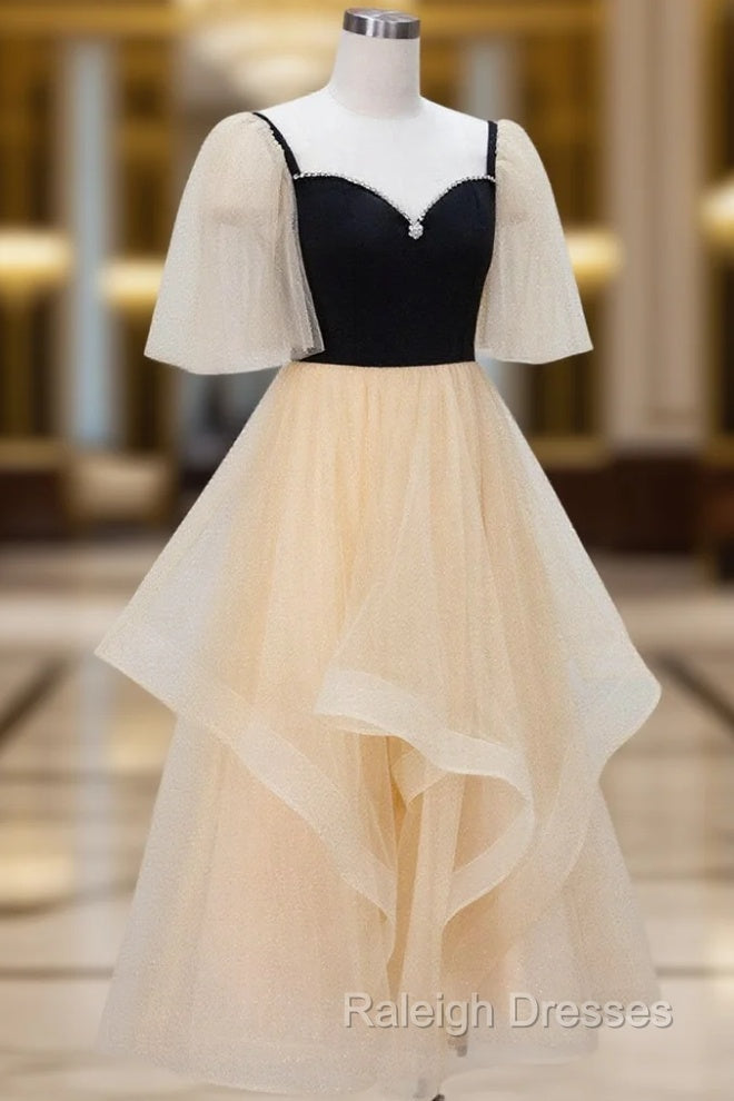 Champagne A-Line Tulle Short Prom Dresses, Champagne Formal Dress Main image