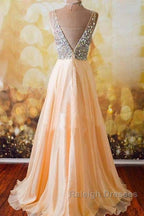 Champagne A-Line  V Neck Chiffon Long Prom Dress, Formal Dresses