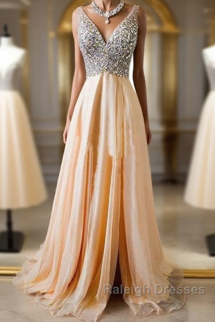 Champagne A-Line  V Neck Chiffon Long Prom Dress, Formal Dresses