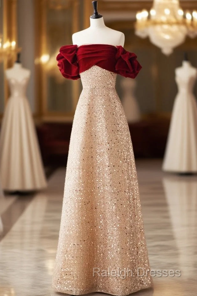 Champagne A-Line velvet Long Prom Dress, Champagne Tulle Sequin Long Formal Dress Main image