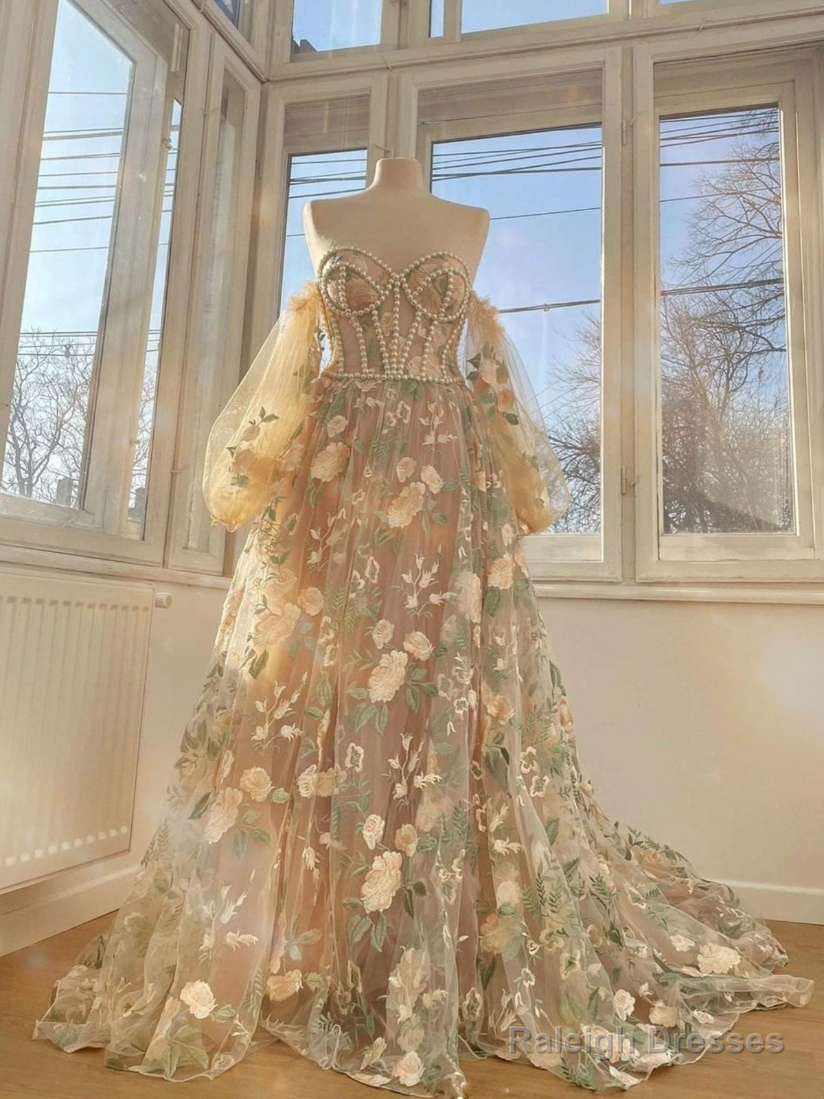 Champagne Aline Tulle Lace Long Prom Dress Lace Evening Dress Main image