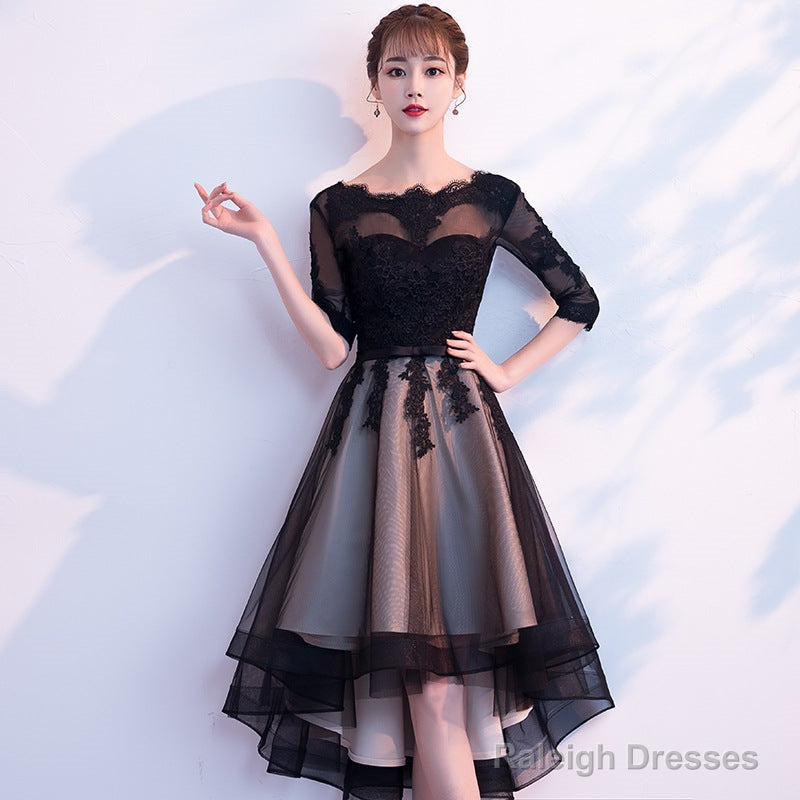 Champagne And Black High Low Short Sleeves Prom Dresses High Low Homecoming Dresses Prom Dress Secondary image