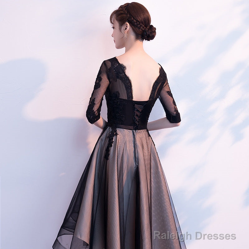 Champagne And Black High Low Short Sleeves Prom Dresses High Low Homecoming Dresses Prom Dress
