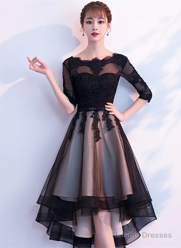 Champagne And Black High Low Short Sleeves Party Dress, High Low Homecoming Dress Formal Dresses Main image