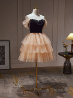 Champagne and Black Sweetheart Short Prom Dresses Tulle Homecoming Dresses