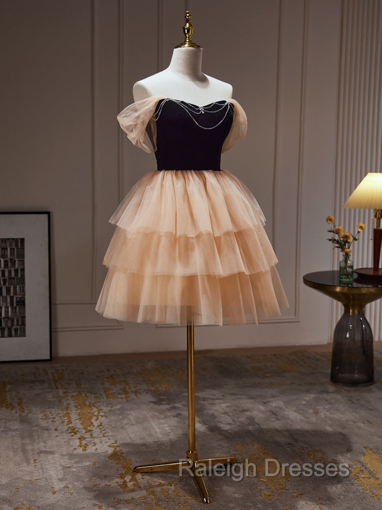 Champagne and Black Sweetheart Short Prom Dresses Tulle Homecoming Dresses