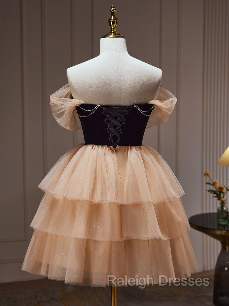 Champagne and Black Sweetheart Short Formal Dress, Tulle Homecoming Dress Secondary image