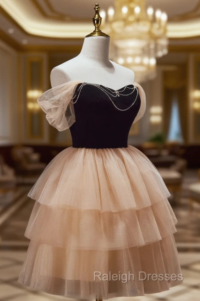 Champagne and Black Sweetheart Short Prom Dresses Tulle Homecoming Dresses Main image