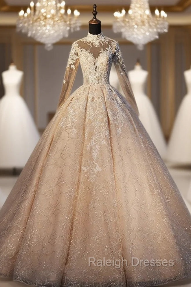 Champagne Ball Gowns High Neck Long Sleeve Wedding Dress With Long Train Main image