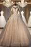 Champagne Ball Gowns High Neck Long Sleeve Wedding Dress With Long Train