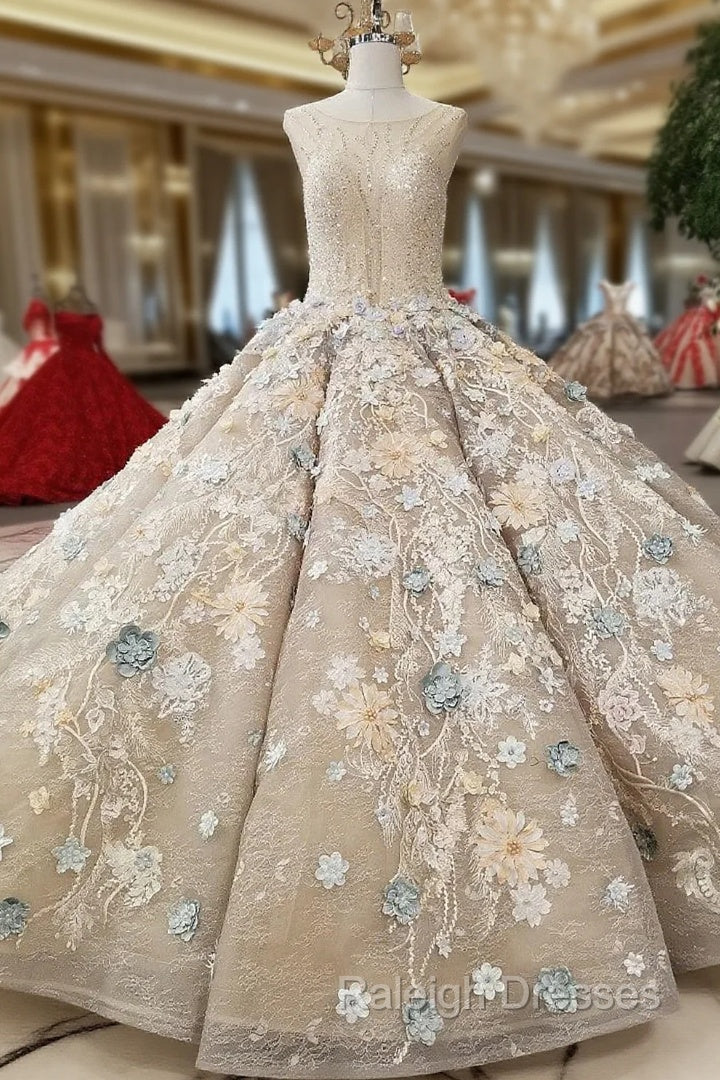 Champagne Ball Gowns Lace Flower Beading Sequins Wedding Dress