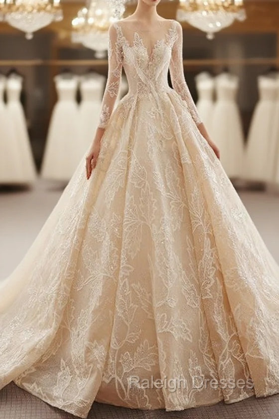 Champagne Ball Gown Lace Long Sleeve Beading Wedding Dress With Long Train Main image