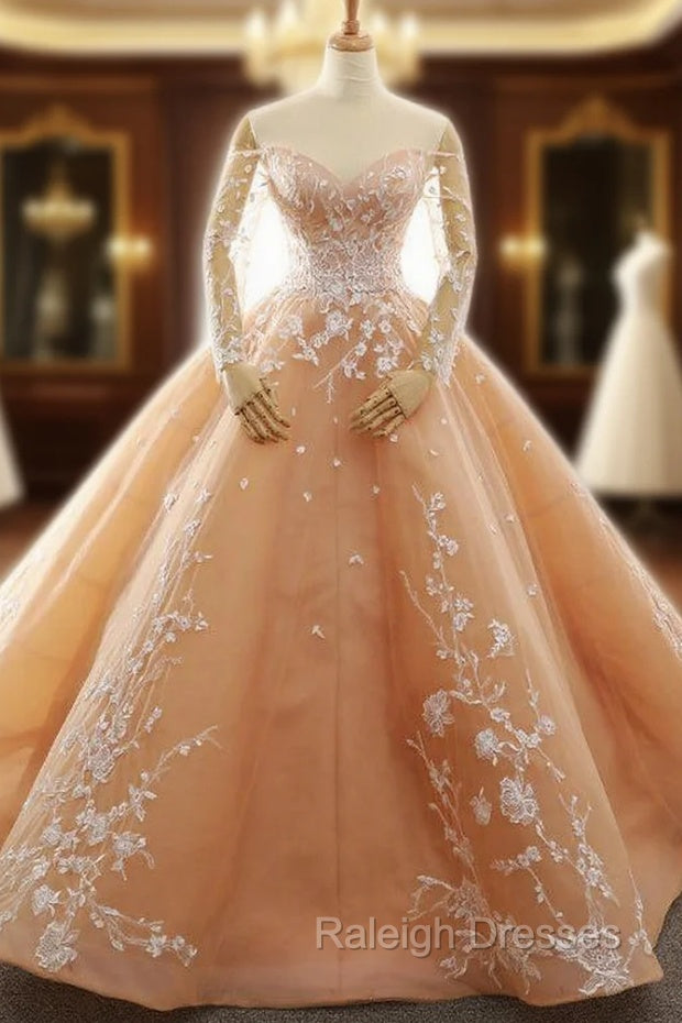 Champagne Ball Gown Off The Shoulder Long Sleeve Wedding Dress