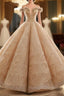 Champagne Ball Gown Off The Shoulder Sequins Long Wedding Dress