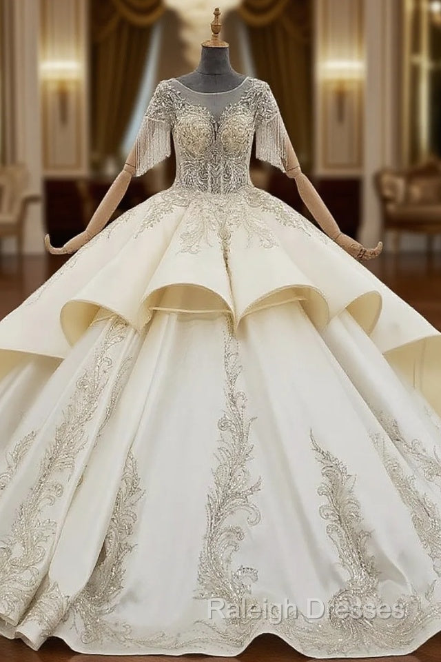 Champagne Ball Gowns Satin Cap Sleeve Beading Sequins Wedding Dress
