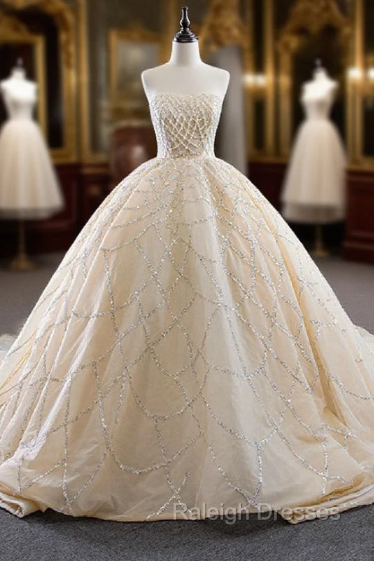 Champagne Ball Gown Sequins Beading Prom Dress